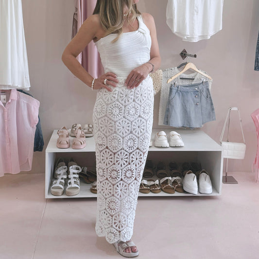 Long Crochet Skirt White