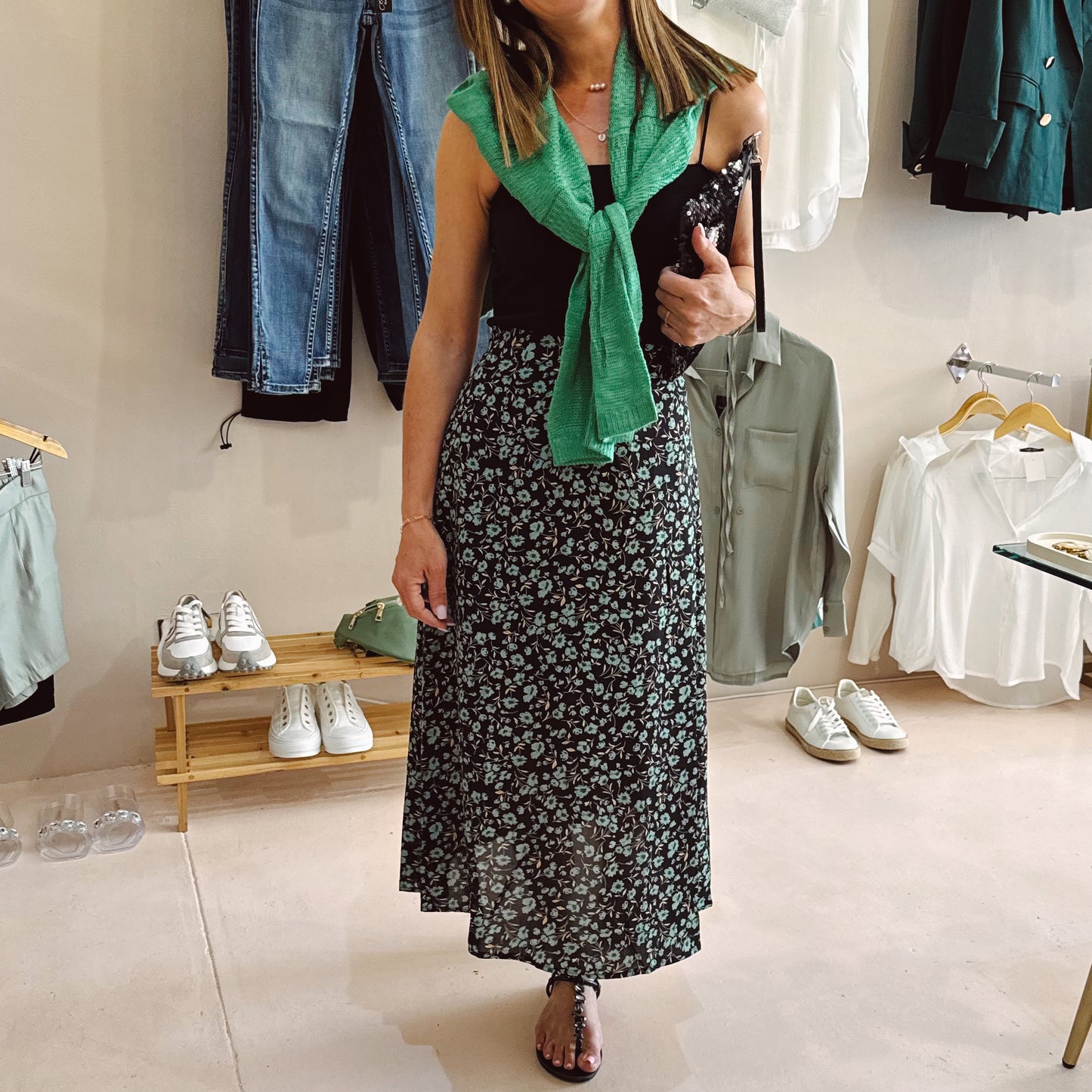 Green Floral Elastic Skirt