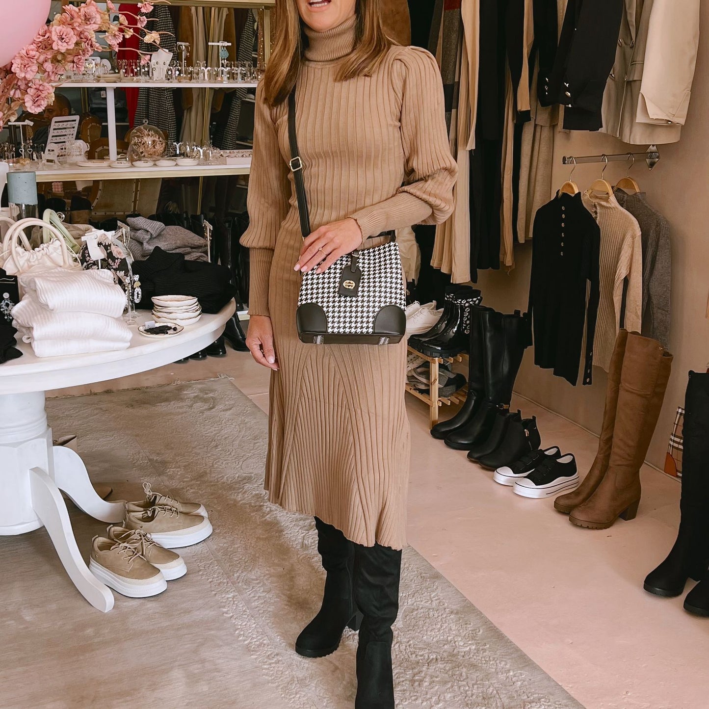 Brown Long Sleeve Poloneck Dress